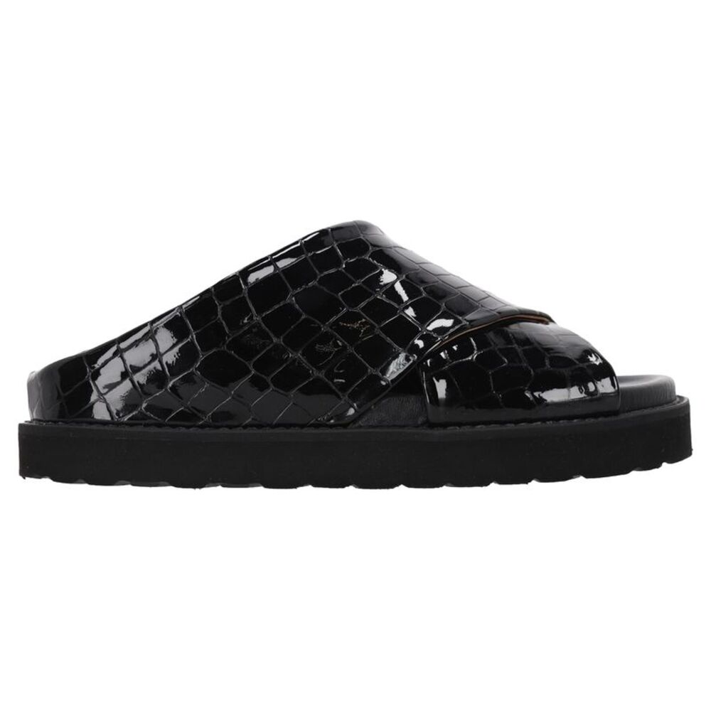 Ganni Croc-Effect Slide Sandals in Black Patent Calf Leather